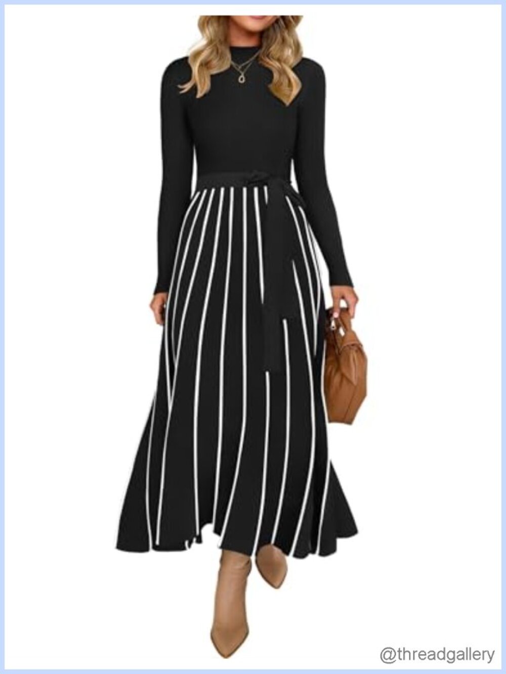 Ribbed Knit Sweater Maxi Dress Long Sleeve Turtleneck A-Line Belted